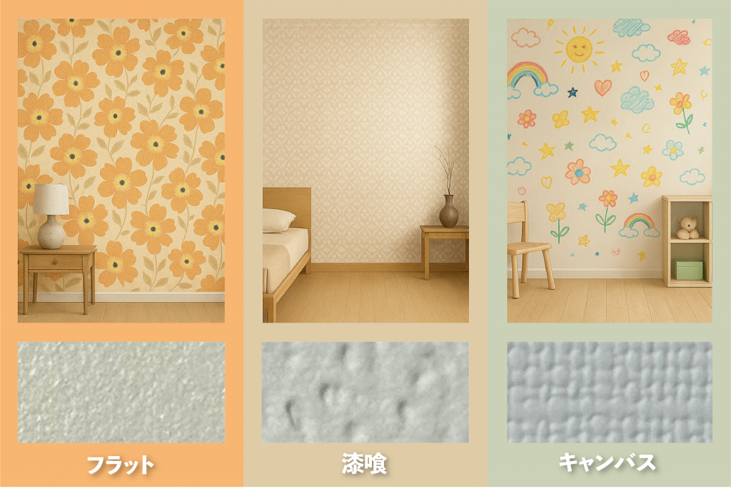 3種類の壁紙タイプを比較した画像。左から「フラット」「漆喰」「キャンバス」の順に並び、それぞれの壁面に異なるデザインが印刷されている。下部には各タイプの表面拡大テクスチャ画像と名称が表示されている